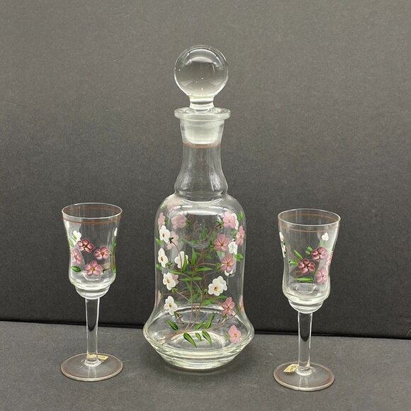 VTG 70s Decanter & Cordial Glasses‎ Set Floral Gold Trim Romanian Hand Painted